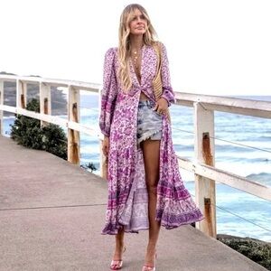 Spell and the Gypsy Mossy Button Down Lavender Floral Long Sleeve Dress